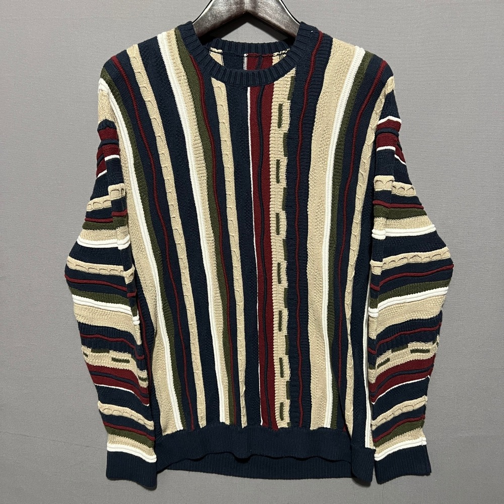 Vintage Style Textured Striped Crewneck Sweater Multi Color Knit Mens Large
